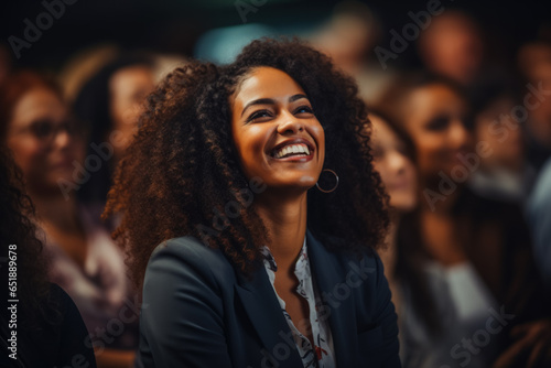 Motivational black entrepreneur woman coaching success in auditorium at corporate event 
