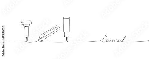 Blood lancets set, Blood Testing, medical supplies, equipment one line art. Continuous line drawing of medication, needle, healthcare, narcotic, healthy with inscription, lettering, handwritten.