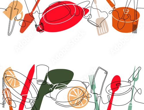 Two patterns with kitchen utensils and space for text. Culinary Frame. Vector illustration.