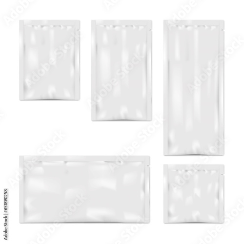 Blank white sachet packet with tear notch. Vector mockup set. Individual plastic pouch package for cosmetic, medical or food product mock-up kit. Template for design