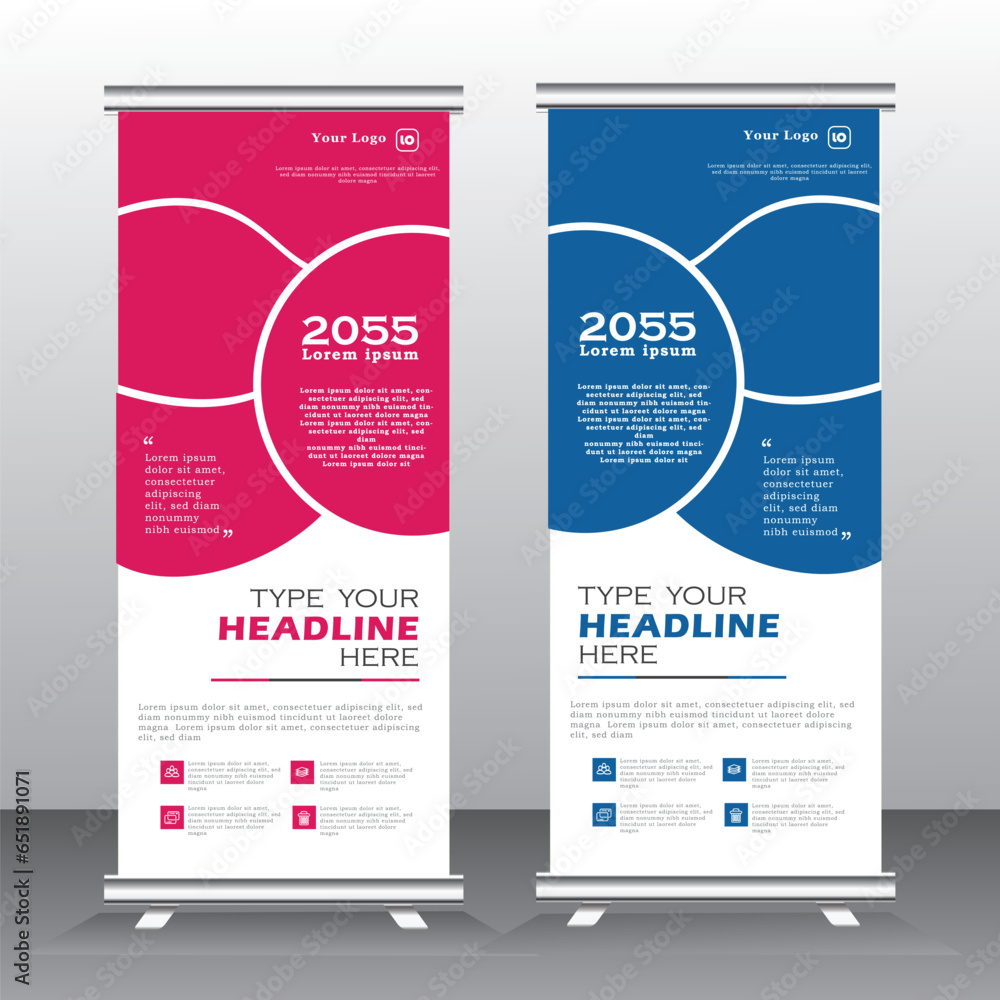 Business Roll Up template. Standee Design. Banner Template Modern Minimal. Presentation and Brochure. pull uf banner pink and blue, Vector illustration
