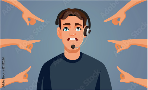 Unsatisfied Customers Pointing to a Client Service Operator Vector Cartoon illustration. Customer service employee being blamed by angry clients 
