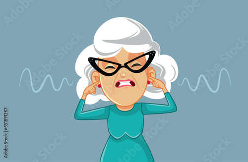 Elderly Woman Stressed by a Loud Noise Vector Cartoon Illustration. Senior lady being annoyed by screaming and noise pollution 
