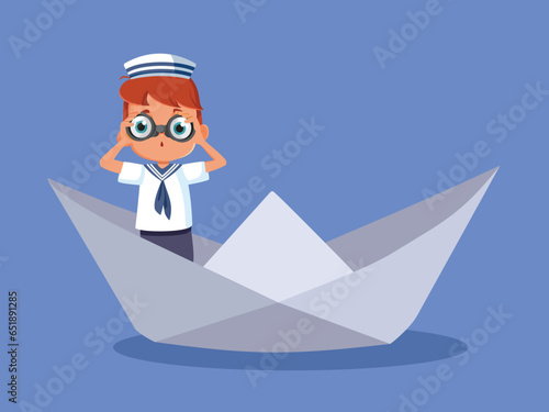 Sailor Boy Using Binoculars Sitting on a Paper Boat Vector Cartoon. Little kid feeling curious exploring with fantasy and imagination  