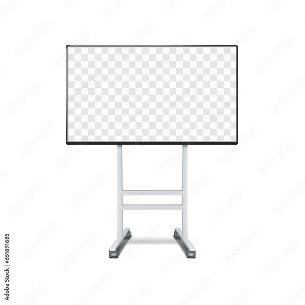 Digital video banner on wheeled stand vector mock-up. Promotional LCD display realistic mockup. TV monitor with transparent screen on metal frame base with wheels. Template for design Digital video banner on wheeled stand vector mock-up. Promotional LCD display realistic mockup. TV monitor with transparent screen on metal frame base with wheels. Template for design