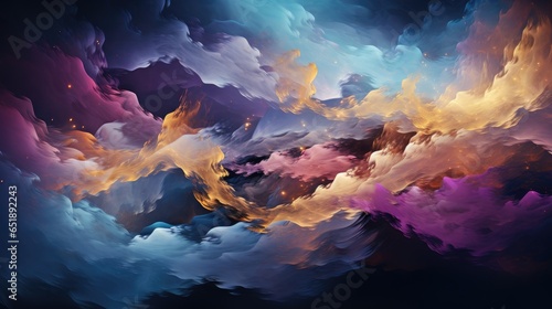 The clouds are purple-pink. Painted clouds. Abstract background with colorful clouds. Artistic painting, background texture, wallpaper, with oil or acrylic strokes. Generative AI