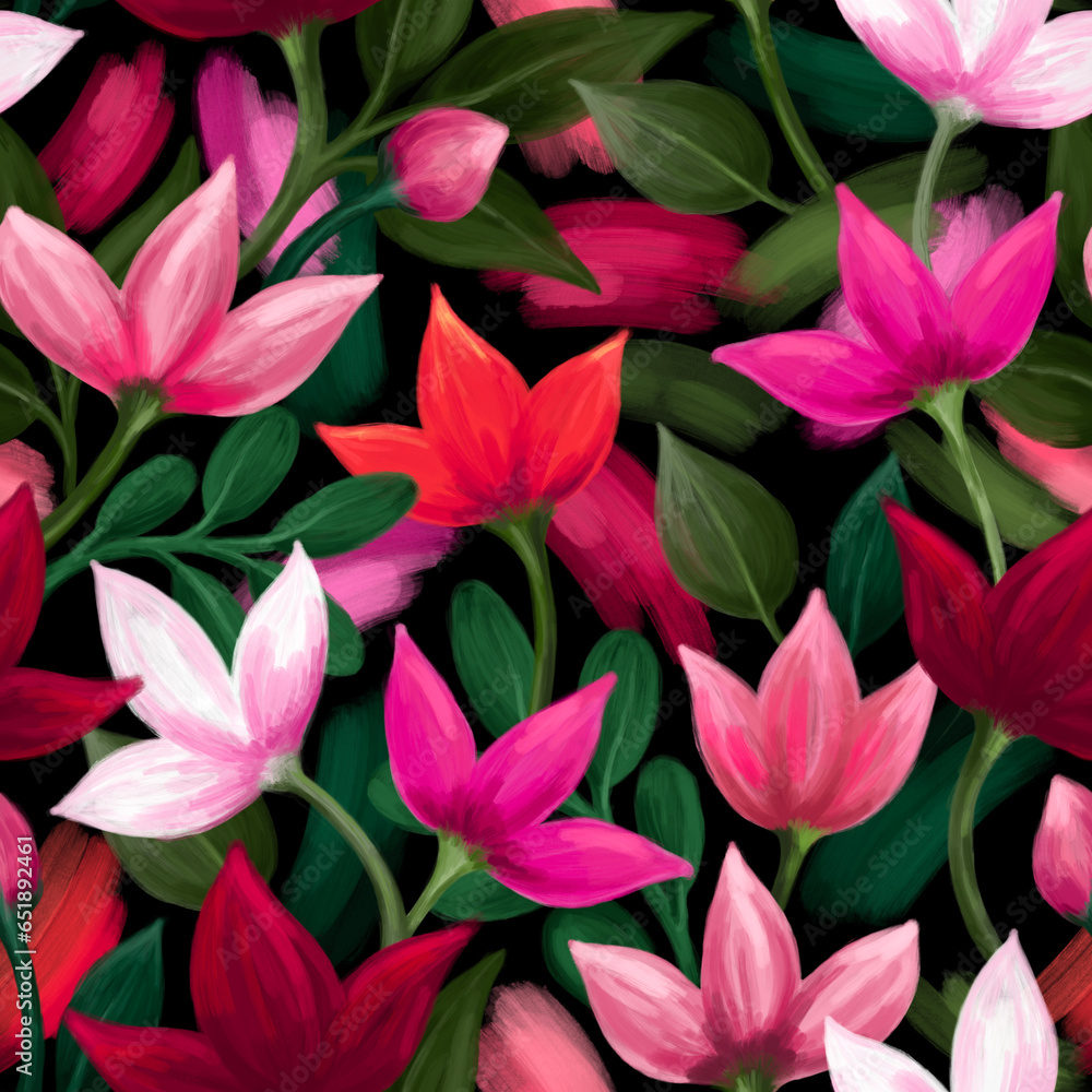 Fototapeta premium Seamless floral pattern. Digital art. Imitation of oil painting.