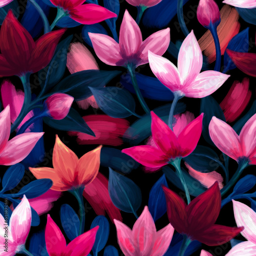 Seamless floral pattern. Digital art. Imitation of oil painting.