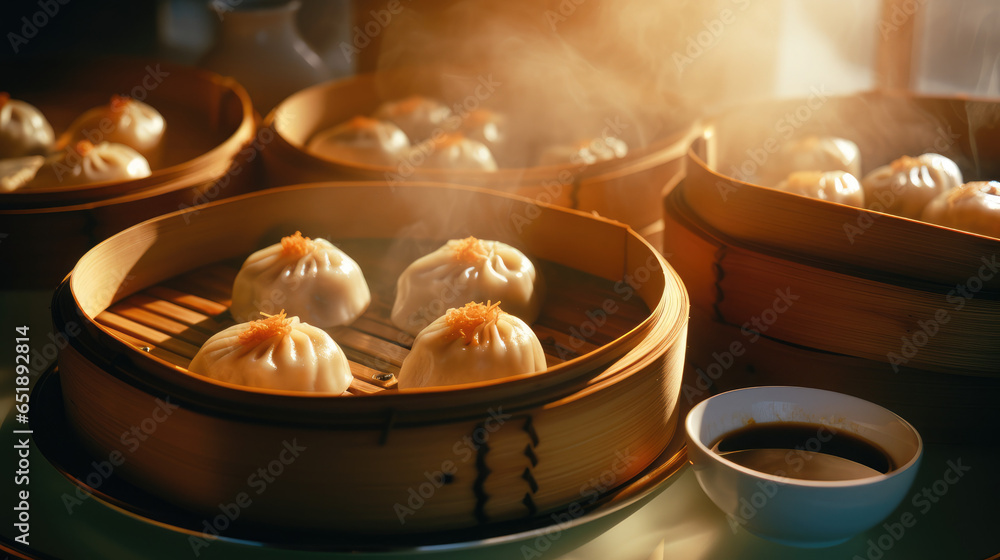 Piping hot delicious bamboo steamer of soup dumplings, chinese xiao long bao, dim sum, close up food photography - obrazy, fototapety, plakaty 
