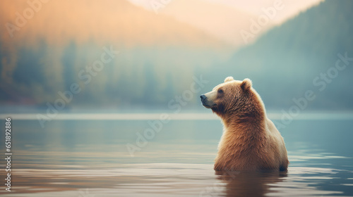 A brown bear relaxing by a lake photo