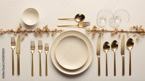 Top view of cutlery and empty plate surrounded by Christmas holiday decorations on flat pastel background. New Year's Eve Dinner. 