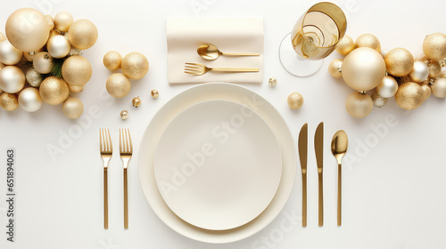 Top view of cutlery and empty plate surrounded by Christmas holiday decorations on flat pastel background. New Year's Eve Dinner. 