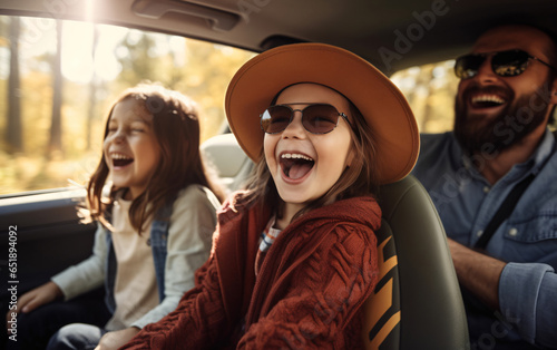 Family father and two daughters travel together by car and have fun