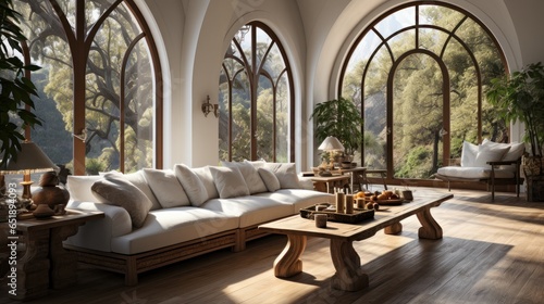 Interior of elegant modern living room in luxury villa. Stylish cushioned furniture  wooden coffee table  houseplants  arch windows overlooking beautiful landscape. Hollywood glamor in home design.