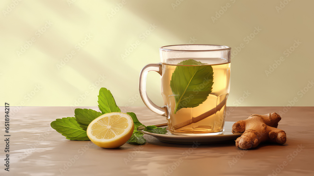 Vitamin healthy delicious tea with mint leaves and ginger in glass cup on pastel flat background with copy space, banner template. Vitamin healthy delicious tea with mint leaves and ginger in glass cup on pastel flat background with copy space, banner template.