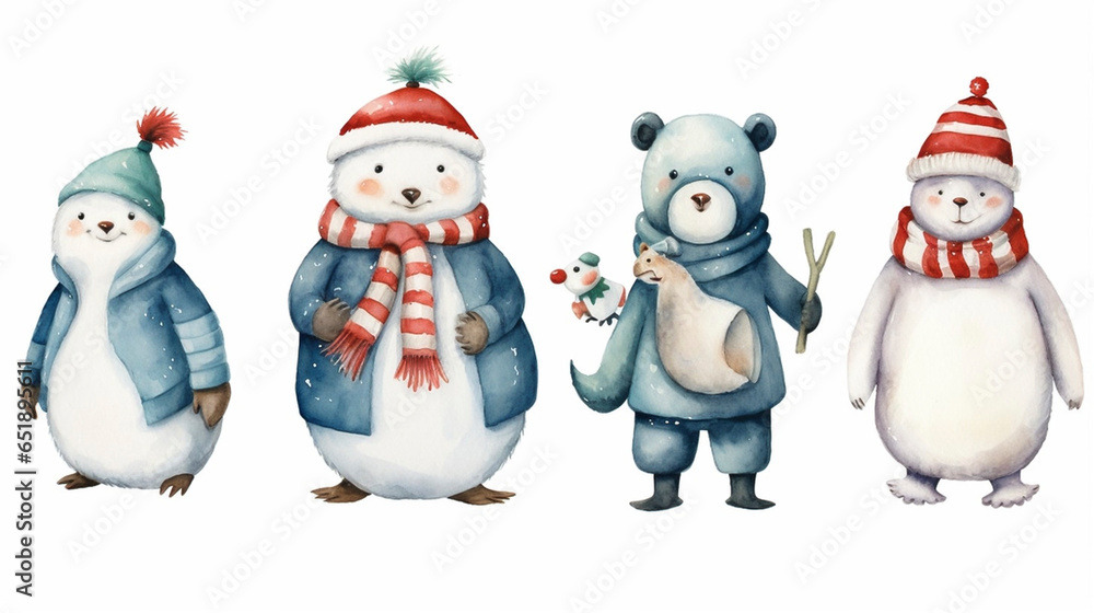 Set of watercolor characters isolated on white background. Polar bear, fox, penguin, snowman and Santa Claus. Design elements for postcard, greeting card, christmas card. Christmas decorations.
