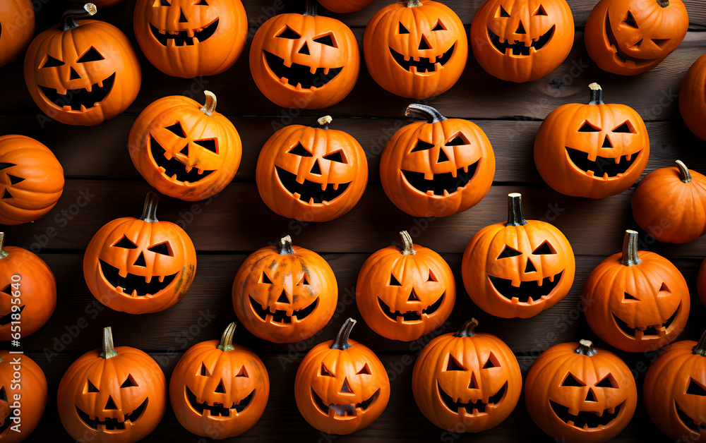 Lots of halloween pumpkins head with evil faces top view, halloween background Lots of halloween pumpkins head with evil faces top view, halloween background