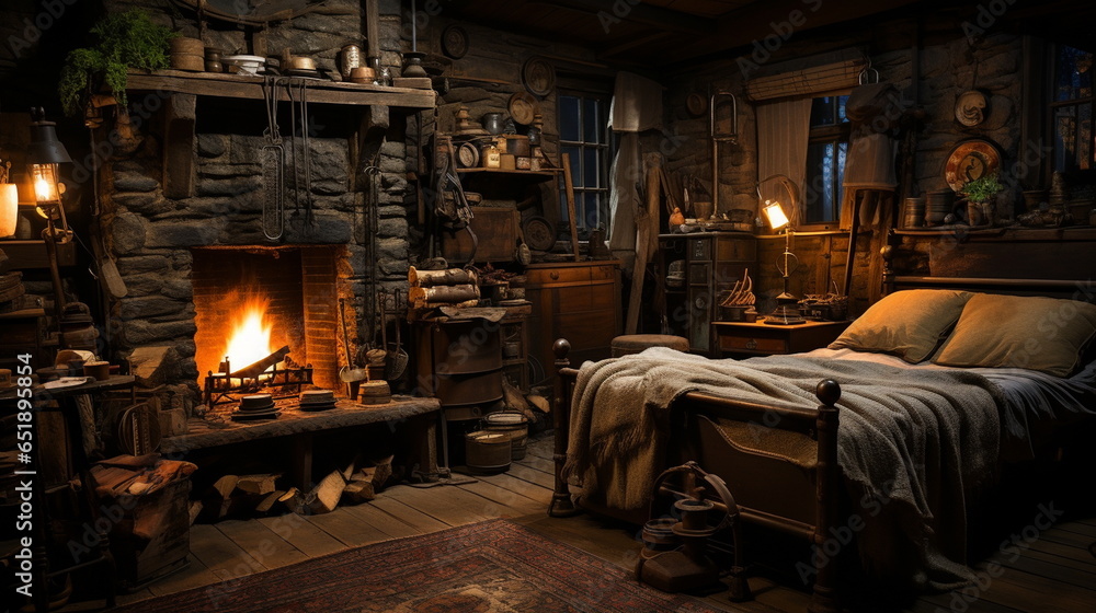 The rustic and cozy bedroom of an 1800s