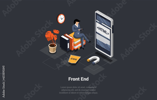 Programming and Engineering Development. Woman Programmer Developer Create Code Programming Language For Mobile Phone Sitting On Books Stack. PHP, HTML, C, CSS, Js. Isometric 3d Vector Illustration
