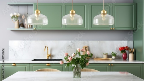 Interior of modern classic kitchen with green facades. Marble countertop and backsplash, flowers in vases, fresh fruits, various crockery, vintage pendant lamps. Contemporary home design.