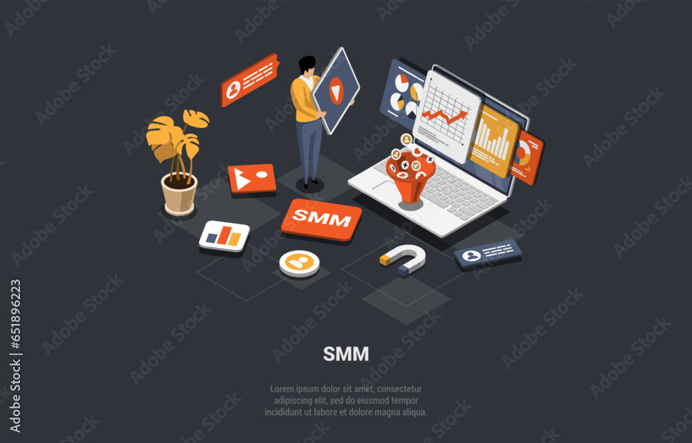 Social Media Marketing And Online Promotion. SMM Manager Develop Successful Strategy And Marketing Funnel. Man Control Statistics Of Advertisement Campaign Develop. Isometric 3d Vector illustration Social Media Marketing And Online Promotion. SMM Manager Develop Successful Strategy And Marketing Funnel. Man Control Statistics Of Advertisement Campaign Develop. Isometric 3d Vector illustration