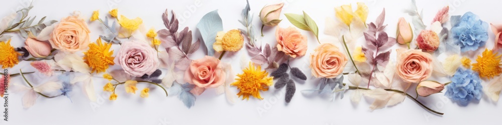 Creative layout made of flowers and leaves. Top view pattern of yellow flowers. Colorful roses on white background.