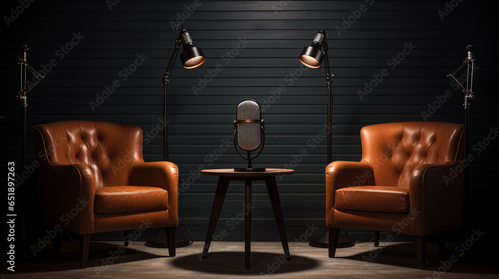two brown leather chairs microphone and lamps, podcast or interview concept. ai generative two brown leather chairs microphone and lamps, podcast or interview concept. ai generative