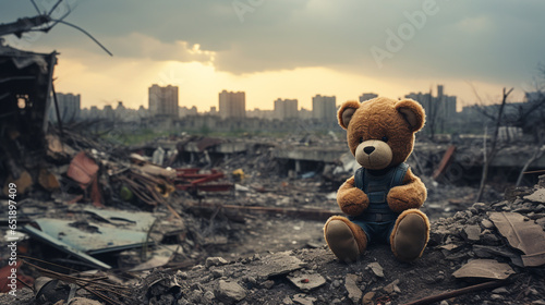 toy bear sits on the ground on the ruined city. ai generative