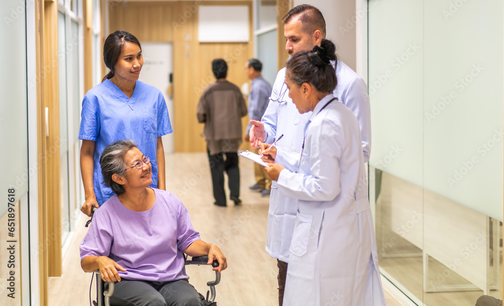 Woman doctor with stethoscope help support discussing and consulting care talk to sick senior asian woman patient in hospital,caregiver,elderly,recovery,illness insurance.healthcare and medicine Woman doctor with stethoscope help support discussing and consulting care talk to sick senior asian woman patient in hospital,caregiver,elderly,recovery,illness insurance.healthcare and medicine