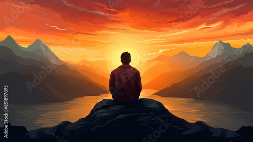 Silhouette of a meditating person sitting with his back on a sunrise or sunset. ai generative
