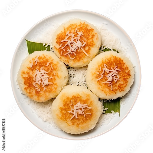 Top view of Thai food Khanom Krok (Coconut Rice Pancakes) isolated on a white transparent background 