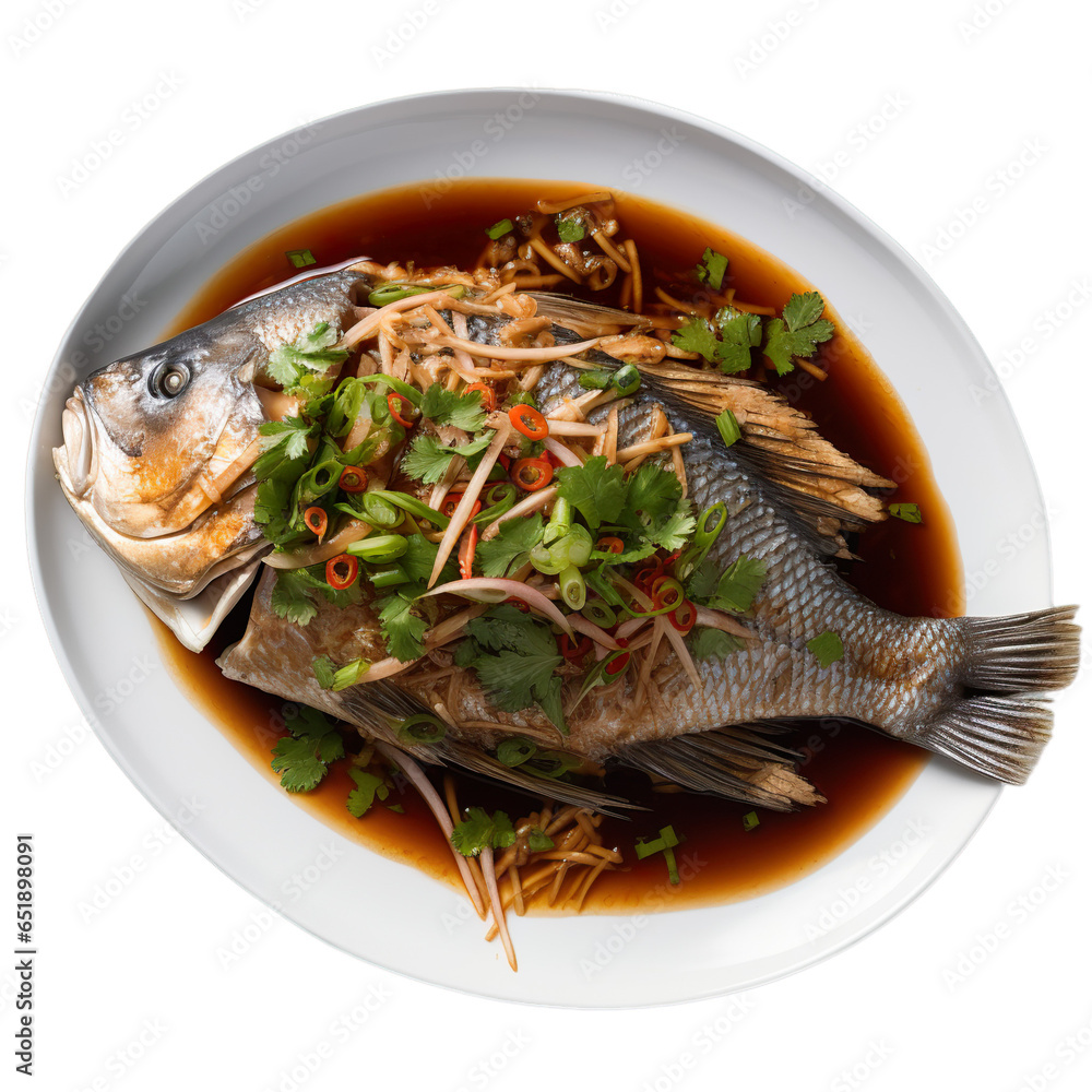 Top view of Thai food Pla Nueng Manao Steamed Fish isolated on a white transparent background Top view of Thai food Pla Nueng Manao Steamed Fish isolated on a white transparent background