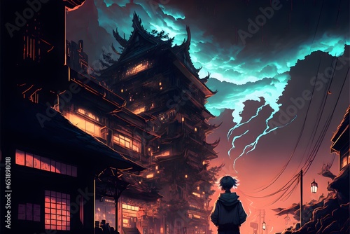 dvd screengrab of 90s anime about elite martial artist training in chinese kwoon at dusk dark paradise graphic art novel modern setting dynamic wide shot world building highly detailed concept  photo