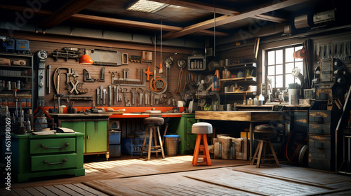 Interior garage with mechanic tools. ai generative © Oleksandr