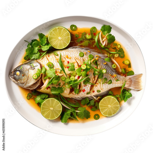 Top view of Thai food Pla Nueng Manao Steamed Fish isolated on a white transparent background  photo