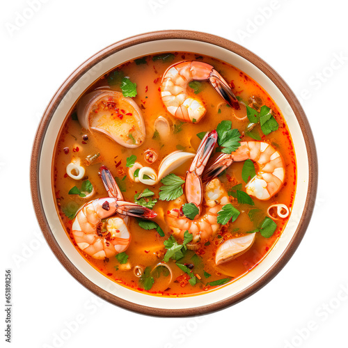 Top view of Thai food Tom Yum Soup isolated on a white transparent background  photo