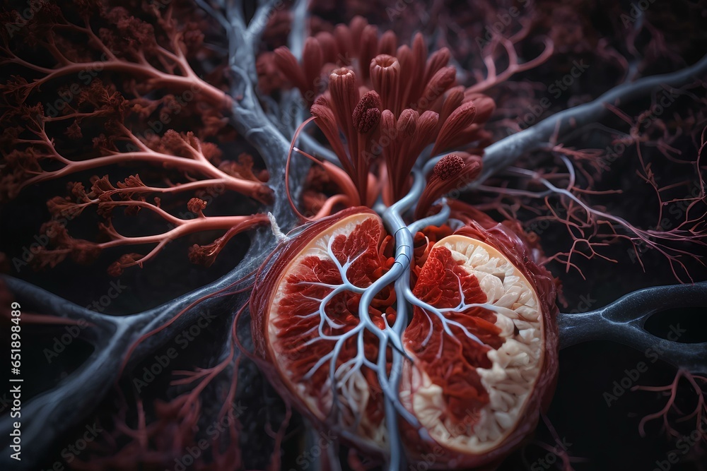 A 3D rendering of a cross-section of a human brain with blood vessels ...