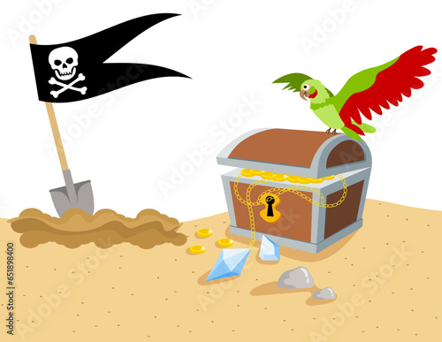 Pirate adventure. Treasure chest, parrot and pirate flag on the island. Pirates party kids adventure.