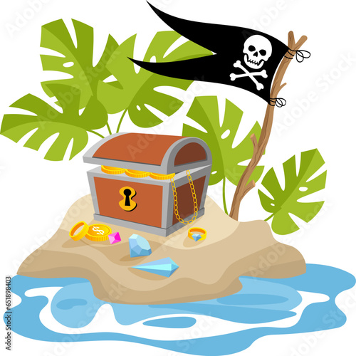 Pirate adventure. Pirate flag and treasure chest on the island. Pirates party kids adventure.