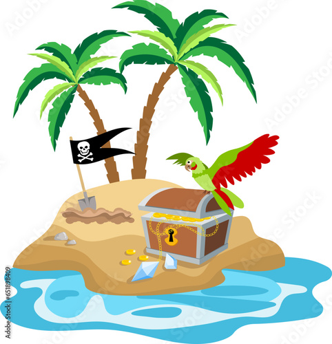 Pirate adventure. Island with a parrot and a treasure chest. Pirates party kids adventure.