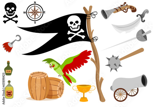 Pirate adventure.  Set of pirate elements with flag, parrot and weapon. Pirates party kids adventure.