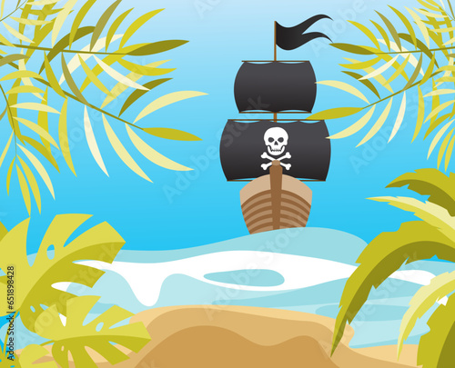 Pirate adventure. A pirate ship is approaching a tropical island. Pirates party kids adventure.