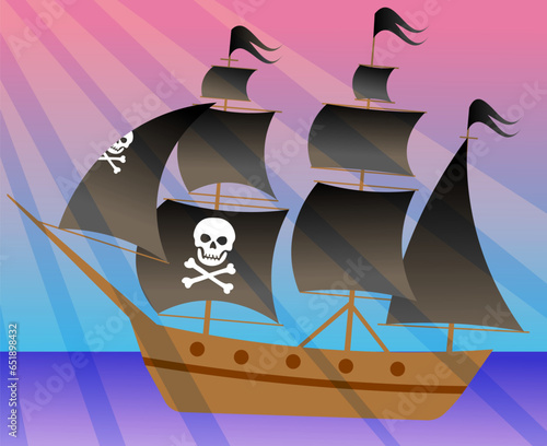 Pirate adventure.  A pirate ship sails on the sea in the sun's rays. Pirates party kids adventure.