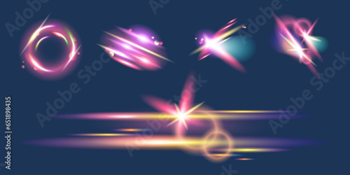 Set of transparent colorful lights,  crystals blinks, sunbursts, caustic lights on a dark background. Vector illustration.