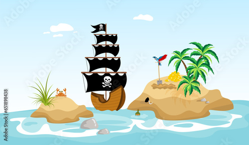 Pirate adventure. A pirate ship sails between two islands. Pirates party kids adventure.