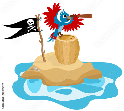 Pirate adventure. Pirate flag, barrel and parrot with a spyglass on the island. Pirates party kids adventure.