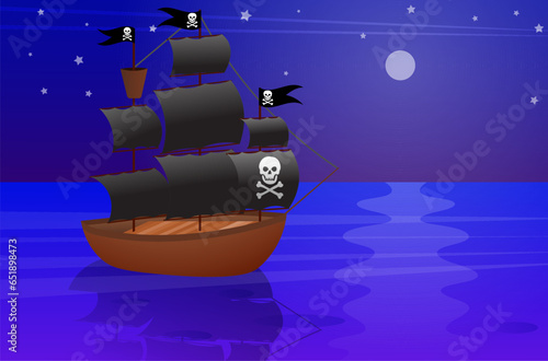 Pirate adventure.  A pirate ship sails on the ocean on a tropical night. Pirates party kids adventure.