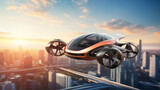 generic futuristic manned roto passenger drone flying in the sky over modern city for future air transportation. ai generative