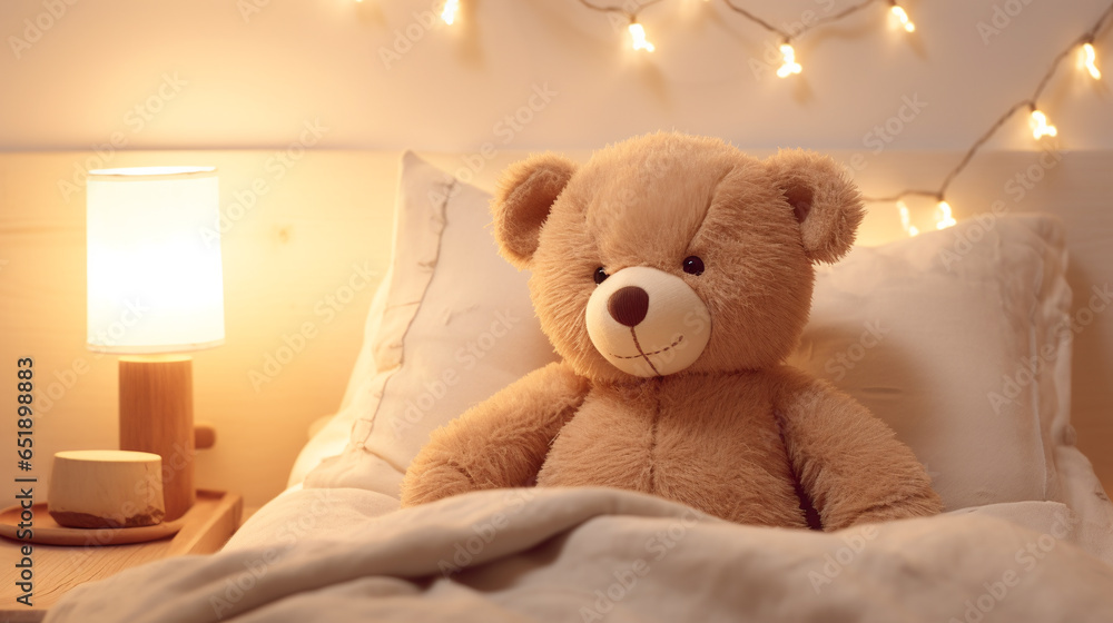 cute teddy bear in children's bed. ai generative