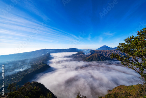 Amazing Mount Bromo volcano during sunrise from king kong viewpoint on Mountain Penanjakan in Bromo Tengger Semeru National Park,East Java,Indonesia.Nature landscape background